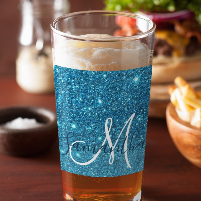 Modern Blue Glitter Sparkles Personlig Namn Glaskopp (Skapare uppladdad)
