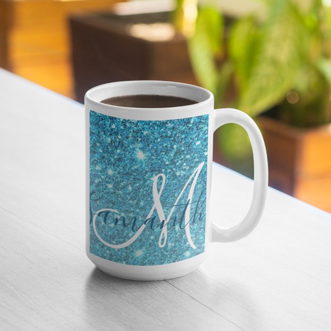 Modern Blue Glitter Sparkles Personlig Namn Kaffemugg (Skapare uppladdad)