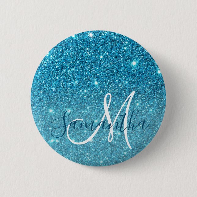 Modern Blue Glitter Sparkles Personlig Namn Knapp (Framsida)