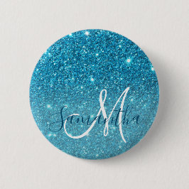 Modern Blue Glitter Sparkles Personlig Namn Knapp