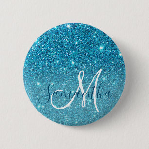 Modern Blue Glitter Sparkles Personlig Namn Knapp