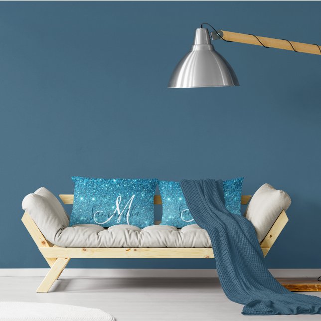 Modern Blue Glitter Sparkles Personlig Namn Lumbarkudde (Skapare uppladdad)