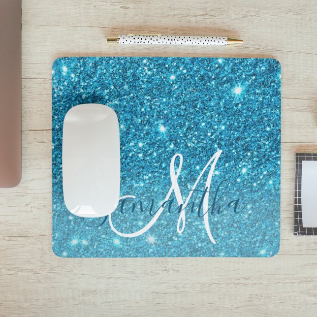 Modern Blue Glitter Sparkles Personlig Namn Musmatta (Skapare uppladdad)