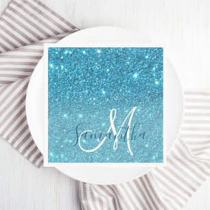 Modern Blue Glitter Sparkles Personlig Namn Pappersservett