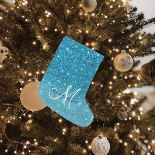 Modern Blue Glitter Sparkles Personlig Namn Stor Julstrumpa
