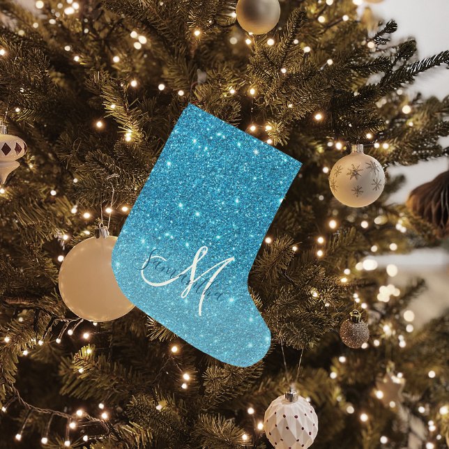 Modern Blue Glitter Sparkles Personlig Namn Stor Julstrumpa (Skapare uppladdad)