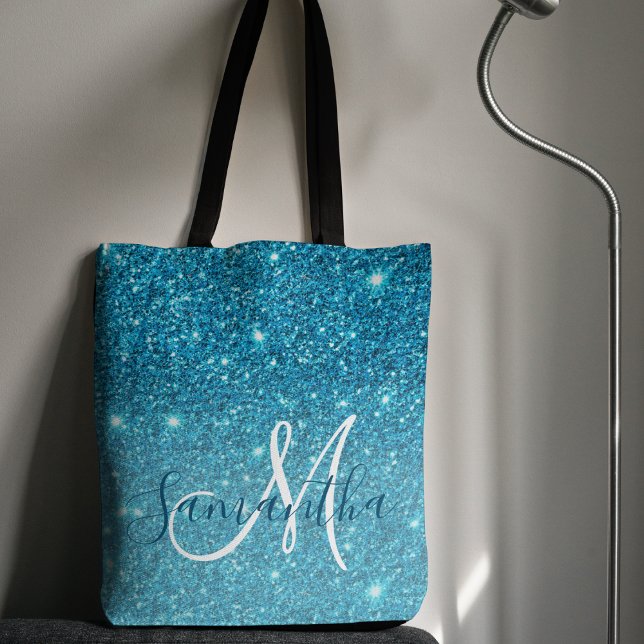 Modern Blue Glitter Sparkles Personlig Namn Tygkasse (Skapare uppladdad)