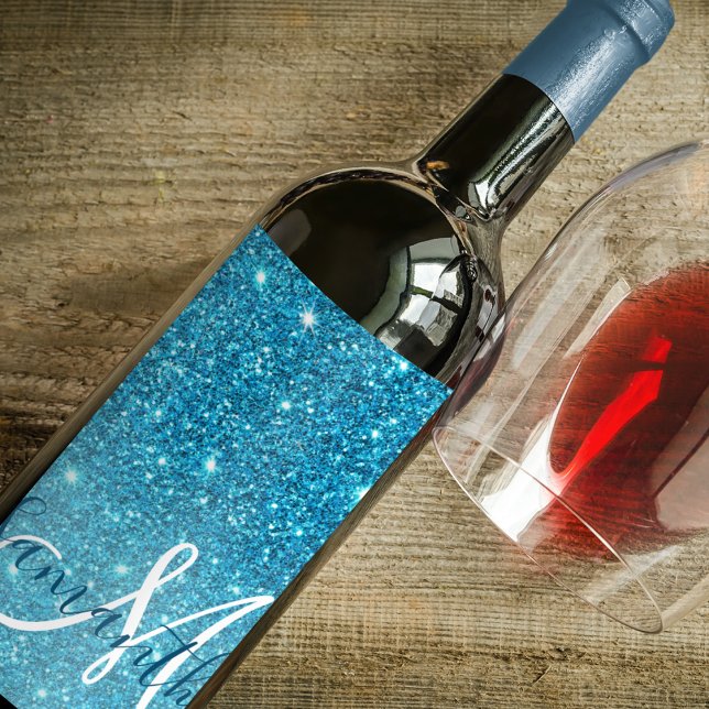 Modern Blue Glitter Sparkles Personlig Namn Vinflaska Etikett (Skapare uppladdad)