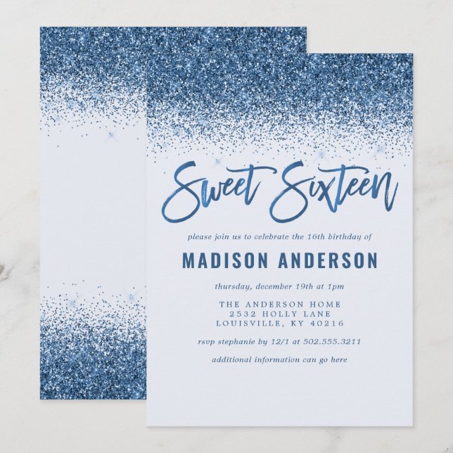 Modern Blue Glitter Sweet 16 Födelsedagsfester Inbjudningar (Fram/baksida)