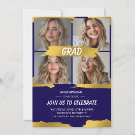 Modern Blue Gold 4Photo Graduation Party  Inbjudningar