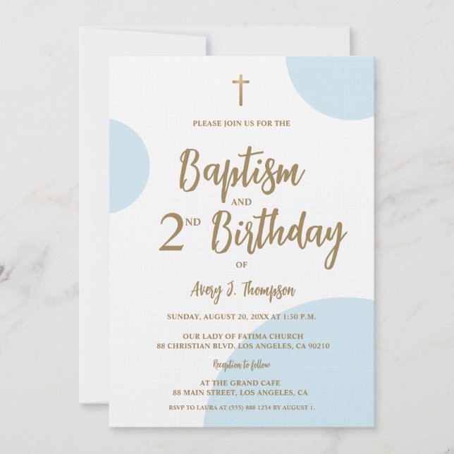 Modern Blue & Gold Baptism and Second Birthday  Inbjudningar (Framsida)