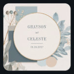 Modern Blue Gold Geometric Botanical Wedding Fyrkantigt Klistermärke<br><div class="desc">Add a refined, artistic touch to your wedding décor or event stationery with this Modern Blue and Gold Geometric Botanical Circle Sticker. Featuring a stunning blend of contemporary design and organic elegance, this sticker showcases layered geometric shapes, including soft blue rectangles, muted beige tones, and a bold circle outlined with...</div>