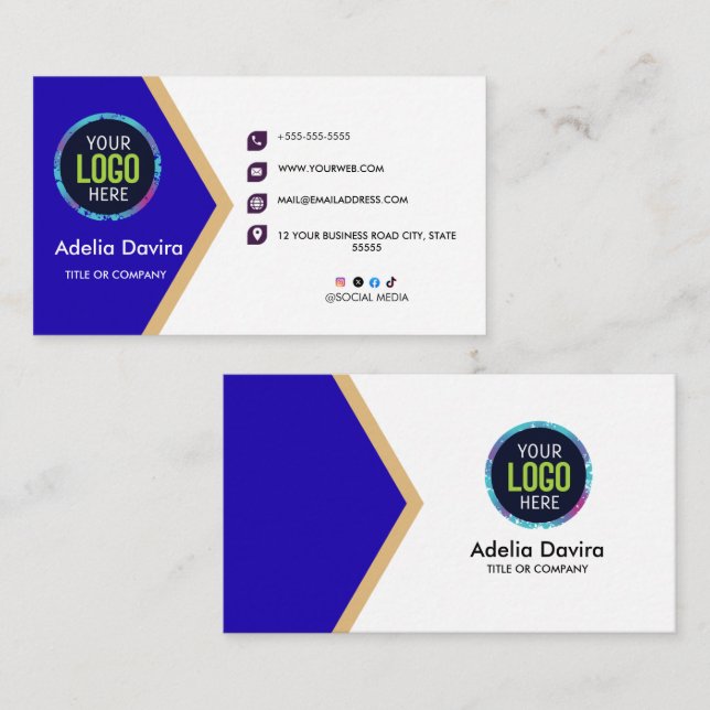 Modern Blue Gold Professional Business Card Visitkort (Fram/baksida)