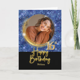 Modern Blue & Gold Script Photo Name 16th Birthday Kort