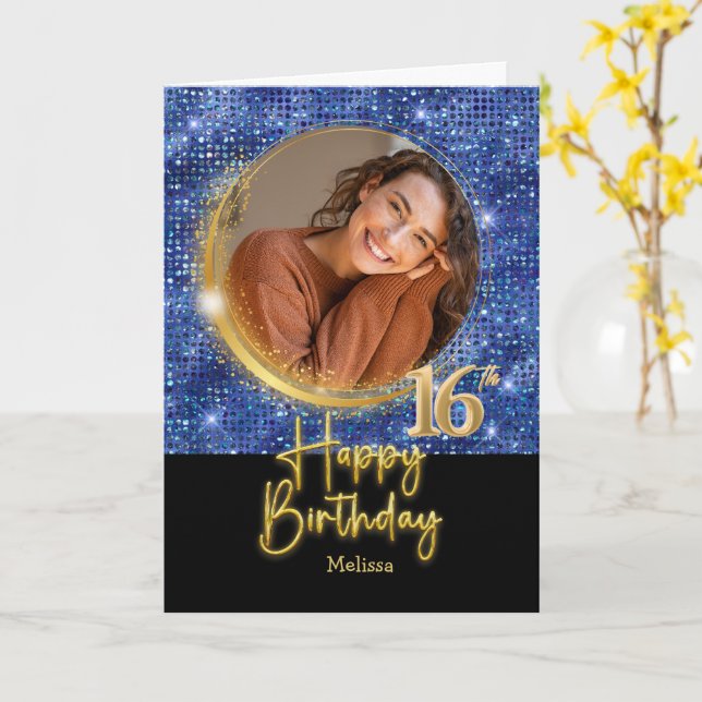 Modern Blue & Gold Script Photo Name 16th Birthday Kort (Gul blomma)