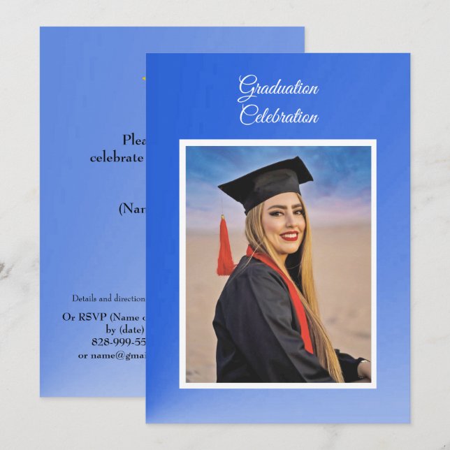 Modern Blue Gradient Grad Party Invitation - photo Inbjudningar (Fram/baksida)