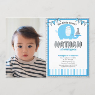 Modern Blue Grått Elephant First Birthday Photo Inbjudningar