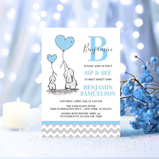 Modern Blue Grått Elephant SIP & SEE Pojke Inbjudningar (Modern Blue Grey Elephant SIP & SEE Baby Boy Invitation)