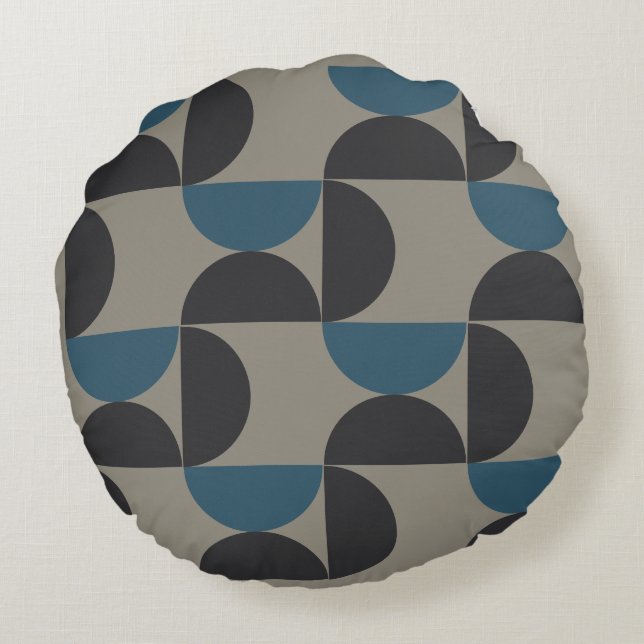 Modern Blue Grått Gunmetal i mitten av århundradet Rund Kudde (Baksidan)