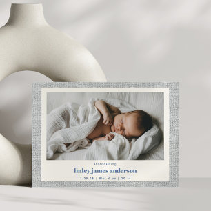Modern Blue Grått Linen Struktur Baby Fotofödelse Meddelande