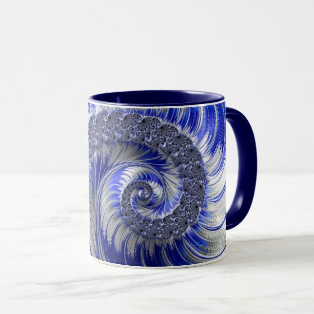 Modern Blue Grått White Spiral Fractal Mugg (Framsida höger)