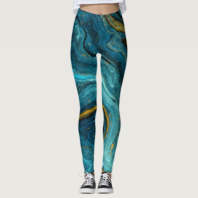 Modern Blue Grönt Guld Dust Marble Abstrakt Art Leggings (Framsida)