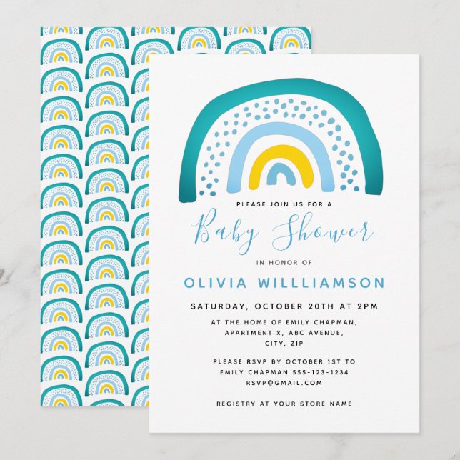 Modern Blue Grönt Rainbow Baby Shower Pojke Inv Inbjudningar (Fram/baksida)
