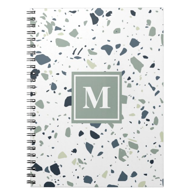 Modern Blue Grönt Terrazzo Marble Monogram Anteckningsbok (Framsidan)