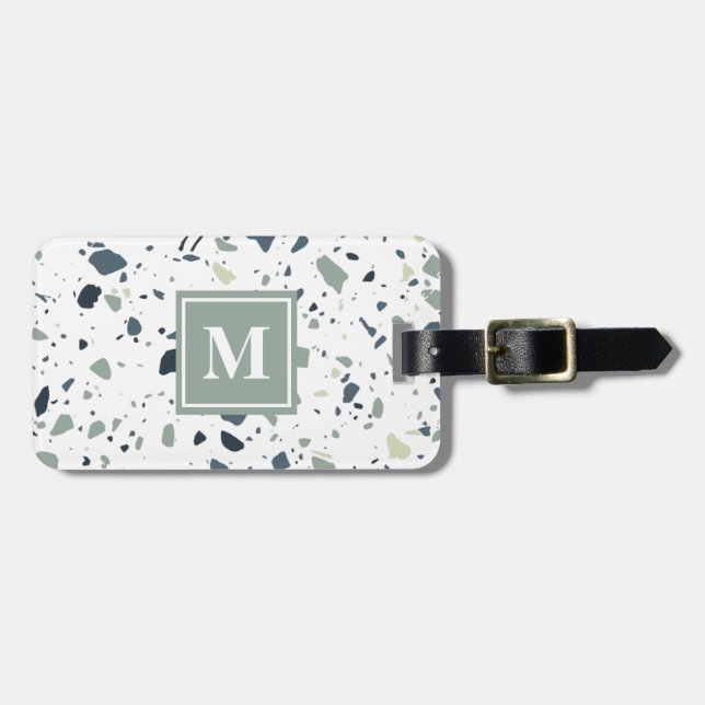 Modern Blue Grönt Terrazzo Marble Monogram Bagagebricka (Horisontell Framsida)