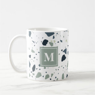 Modern Blue Grönt Terrazzo Marble Monogram Kaffemugg