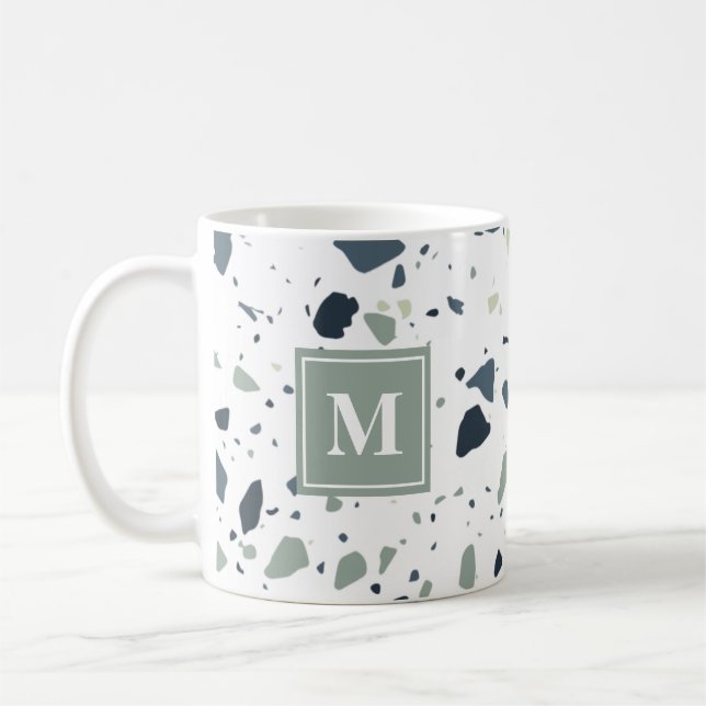 Modern Blue Grönt Terrazzo Marble Monogram Kaffemugg (Vänster)