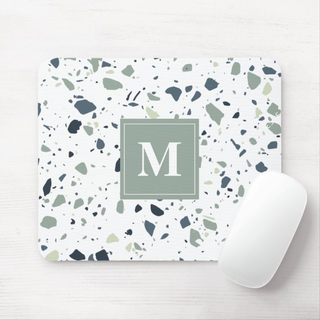 Modern Blue Grönt Terrazzo Marble Monogram Musmatta (Med mus)
