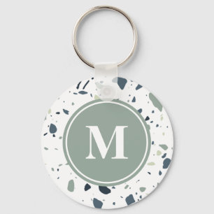 Modern Blue Grönt Terrazzo Marble Monogram Nyckelring