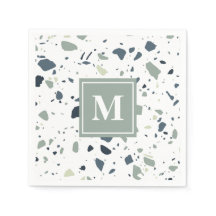 Modern Blue Grönt Terrazzo Marble Monogram