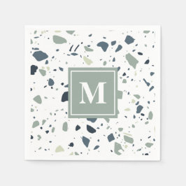 Modern Blue Grönt Terrazzo Marble Monogram Pappersservett