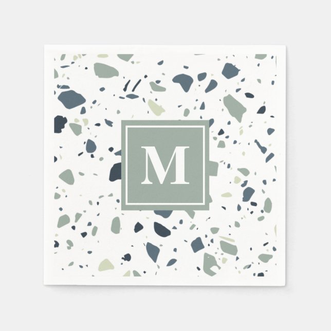 Modern Blue Grönt Terrazzo Marble Monogram Pappersservett (Framsidan)