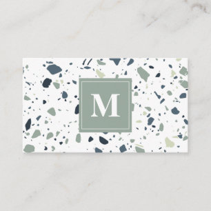 Modern Blue Grönt Terrazzo Marble Monogram Visitkort