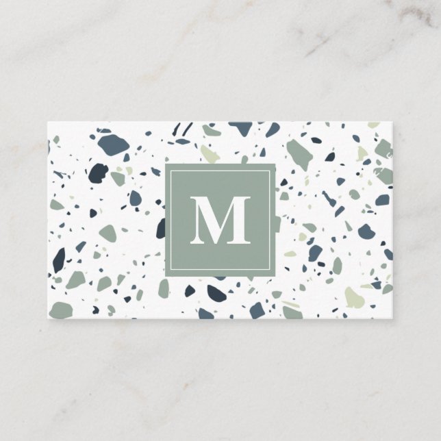 Modern Blue Grönt Terrazzo Marble Monogram Visitkort (Framsida)