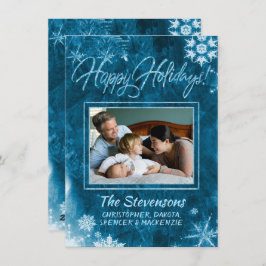 Modern Blue Grunge Snowflake Photo Lycklig Julkort