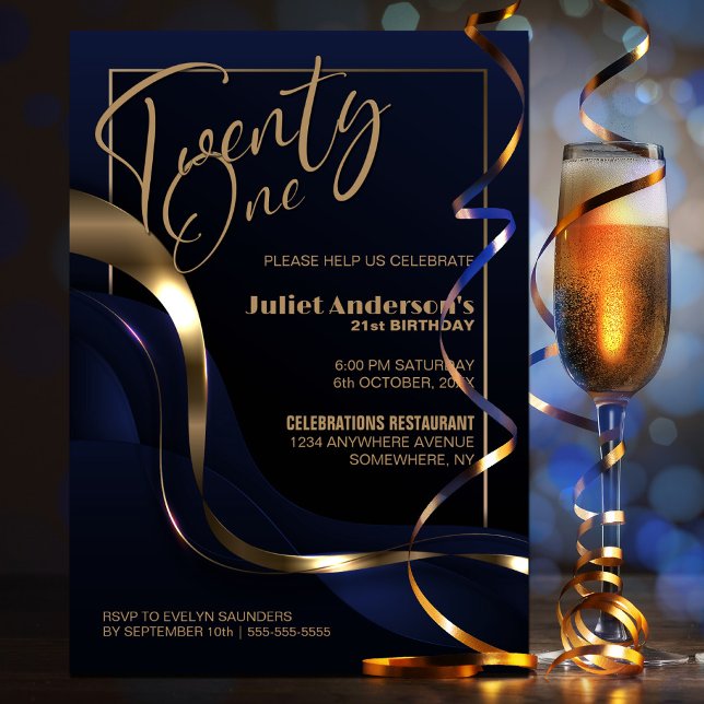 Modern Blue Guld 21:a födelsedagen Party Inbjudningar (Skapare uppladdad)