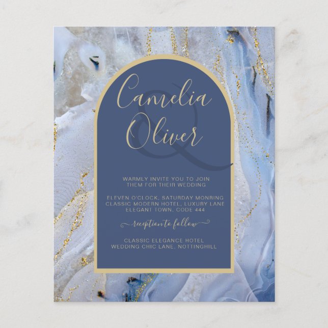 Modern Blue Guld Agate Marble Arch Bröllop Flygblad (Framsidan)