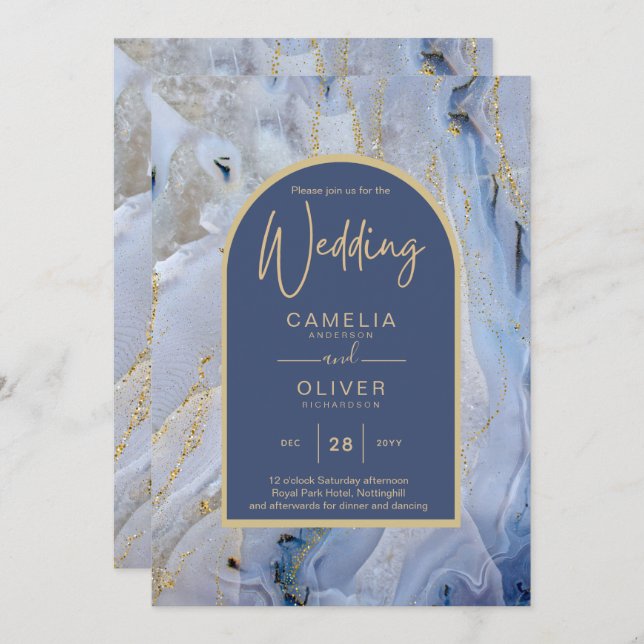 Modern Blue Guld Agate Marble Arch Bröllop Inbjudningar (Fram/baksida)