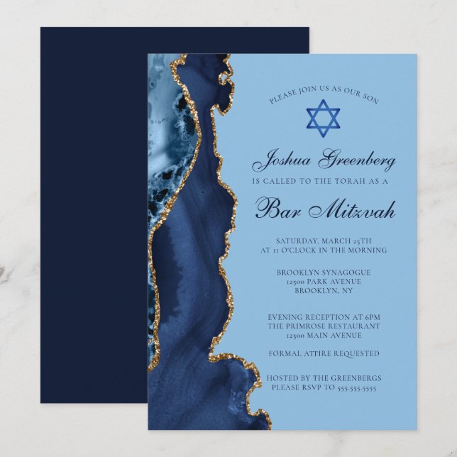 Modern Blue Guld Agate Pub Mitzvah Party Inbjudningar (Fram/baksida)