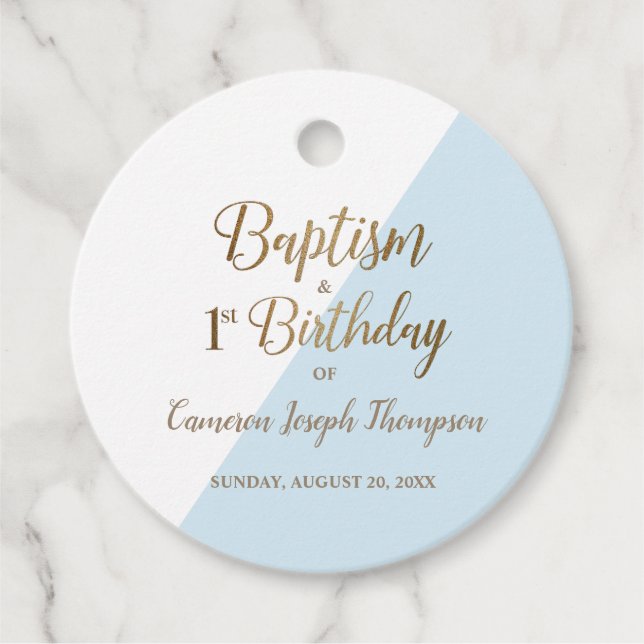 Modern Blue Guld Baptism 1:a födelsedagspojken Gåvor Etiketter (Framsida)