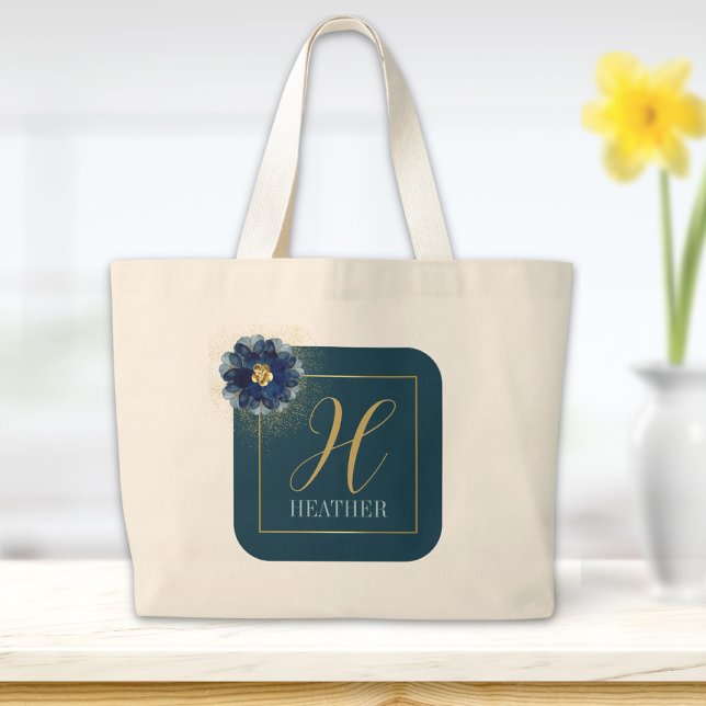Modern Blue Guld Blommigt Namn och Monogram Tote B Jumbo Tygkasse (Skapare uppladdad)
