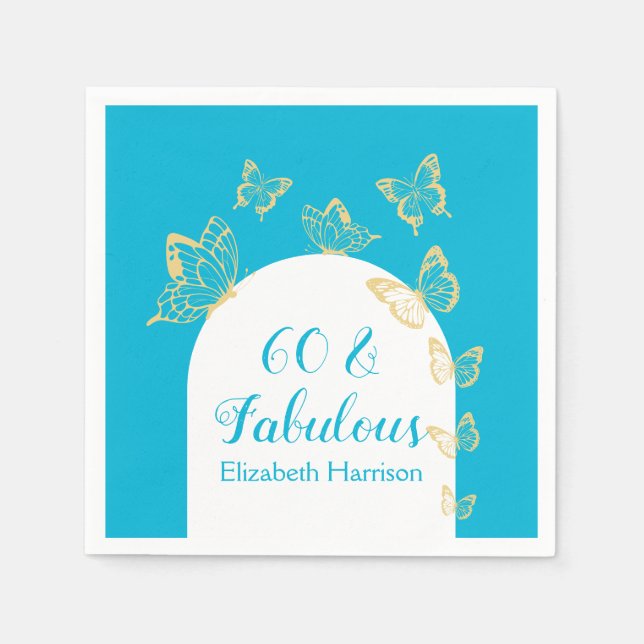 Modern Blue Guld Butterflies Fabulous Birthday Pappersservett (Framsidan)