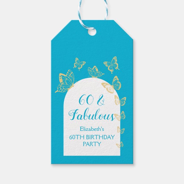 Modern Blue Guld Butterflies Fabulous Birthday Presentetikett (Framsidan)