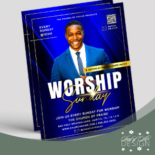 Modern Blue & Guld Church Service Söndag Reklamblad