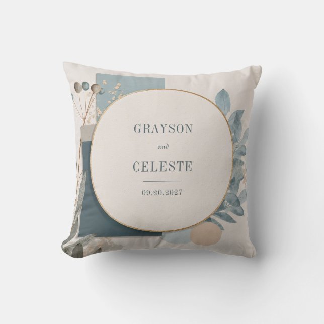 Modern Blue Guld Geometric Botanical Bröllop Kudde (Framsida)
