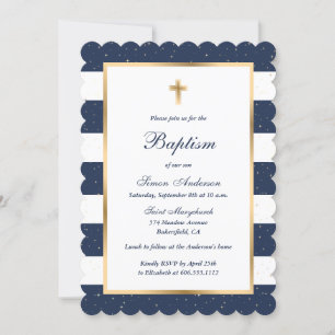 Modern Blue Guld Kor Stripe Boy Baptism Inbjudningar